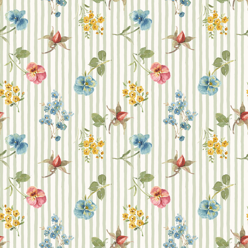 watercolor florals over soft green and white stripes. 