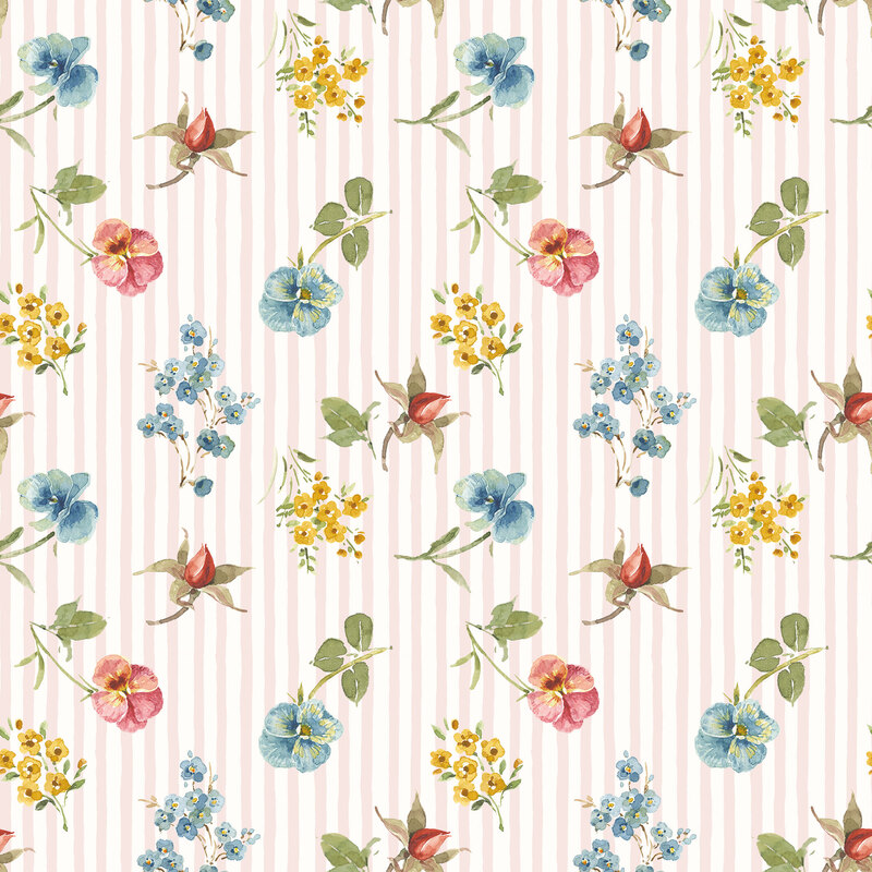 watercolor florals over soft pink and white stripes.