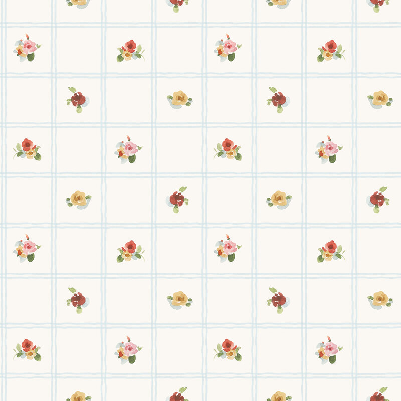 A linen white fabric with tiny watercolor florals in a light blue grid.