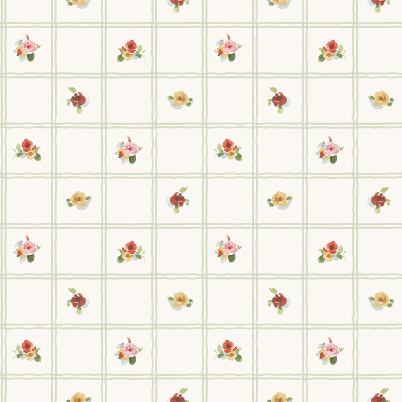 A linen white fabric with watercolor florals in a light sage green grid.
