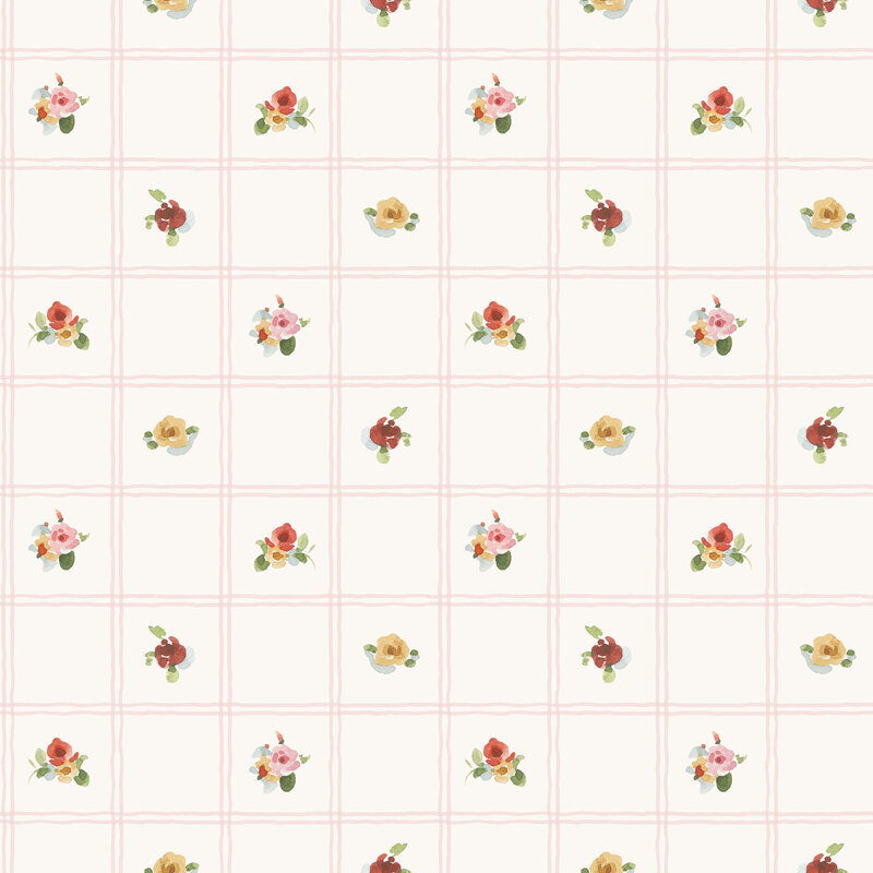 A linen white fabric with watercolor florals in a light pink grid.