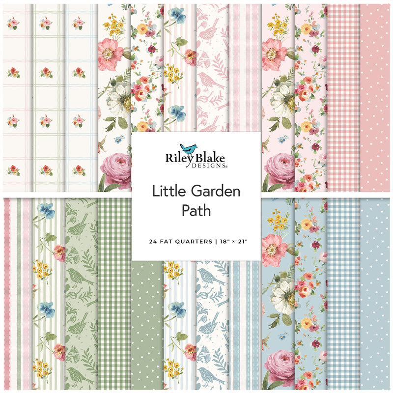 A collage of fabrics featured in the Little Garden Path Fat Quarter Bundle by Riley Blake Designs.