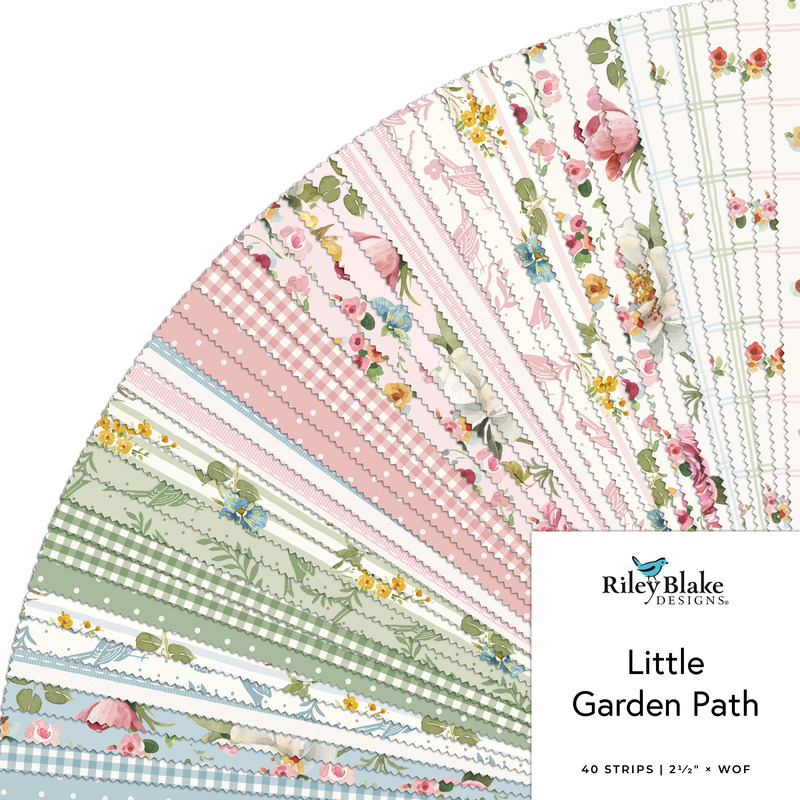 A collage of fabrics featured in the Little Garden Path Jelly Roll by Riley Blake.