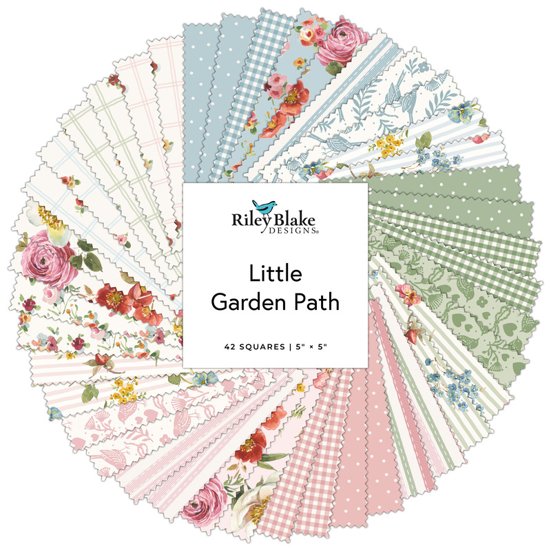 A collage of fabrics featured in the Little Garden Path Charm Pack by Riley Blake Designs.