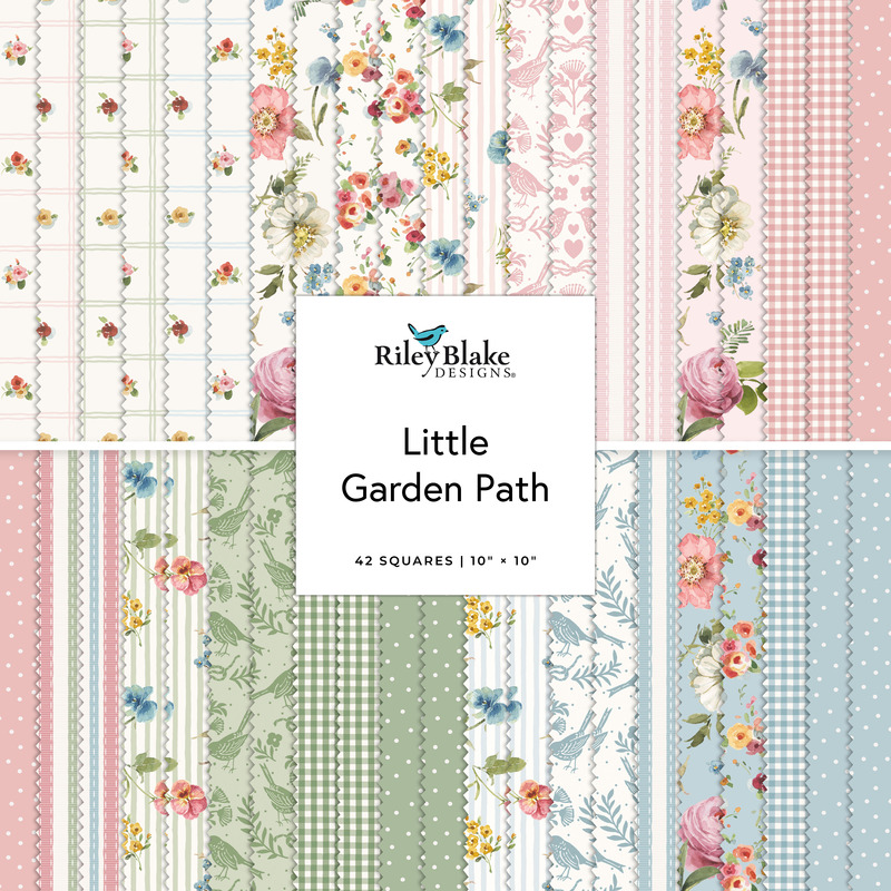 A collage of fabrics featured in the Little Garden Path Layer Cake by Riley Blake Designs.