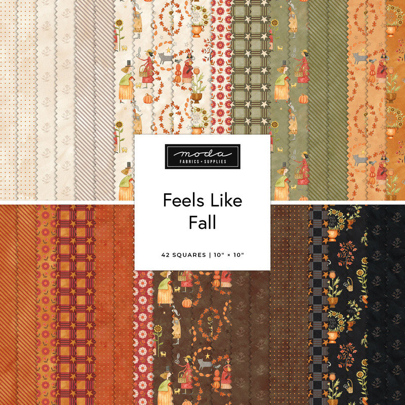 Digital collage of the 10" Square Bundle from the Feels Like Fall fabric collection.