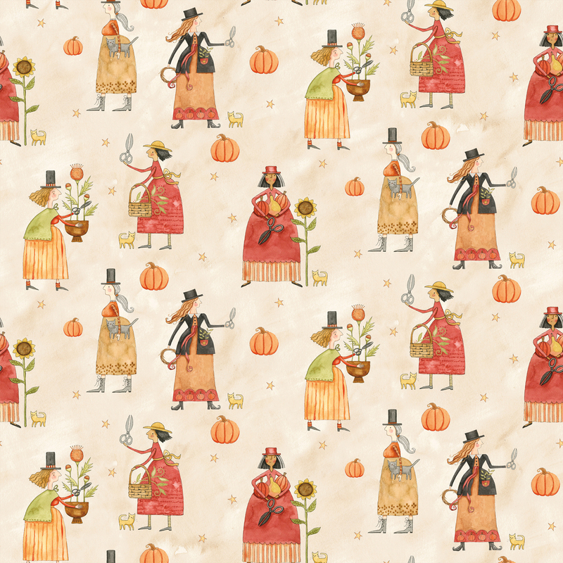 Mottled cream fabric with folk art characters, stars, pumpkins, florals, cats, and more,
