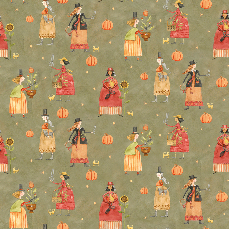 Mottled sage green fabric with folk art characters, stars, pumpkins, florals, cats, and more,