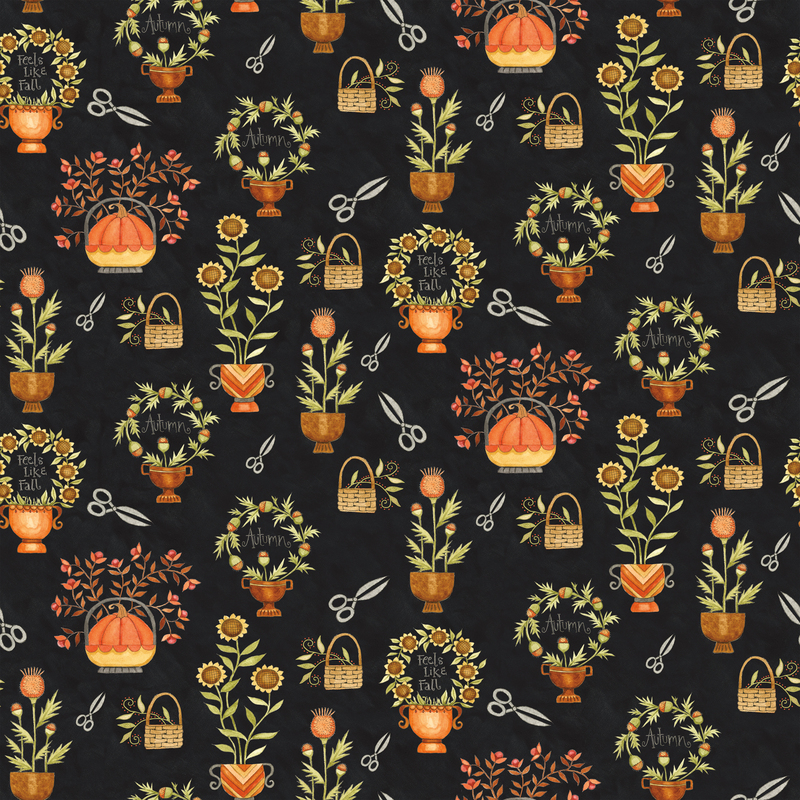 Mottled black fabric with a large assortment of florals, pumpkins, and shears.