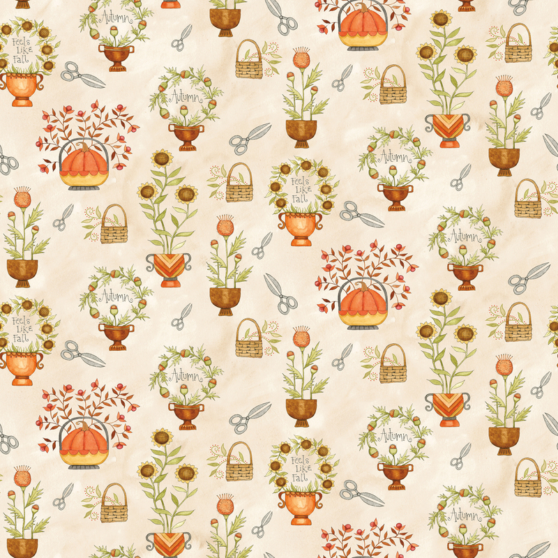 Mottled cream fabric with a large assortment of florals, pumpkins, and shears.