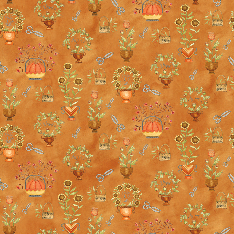 Mottled orange fabric with a large assortment of florals, pumpkins, and shears.
