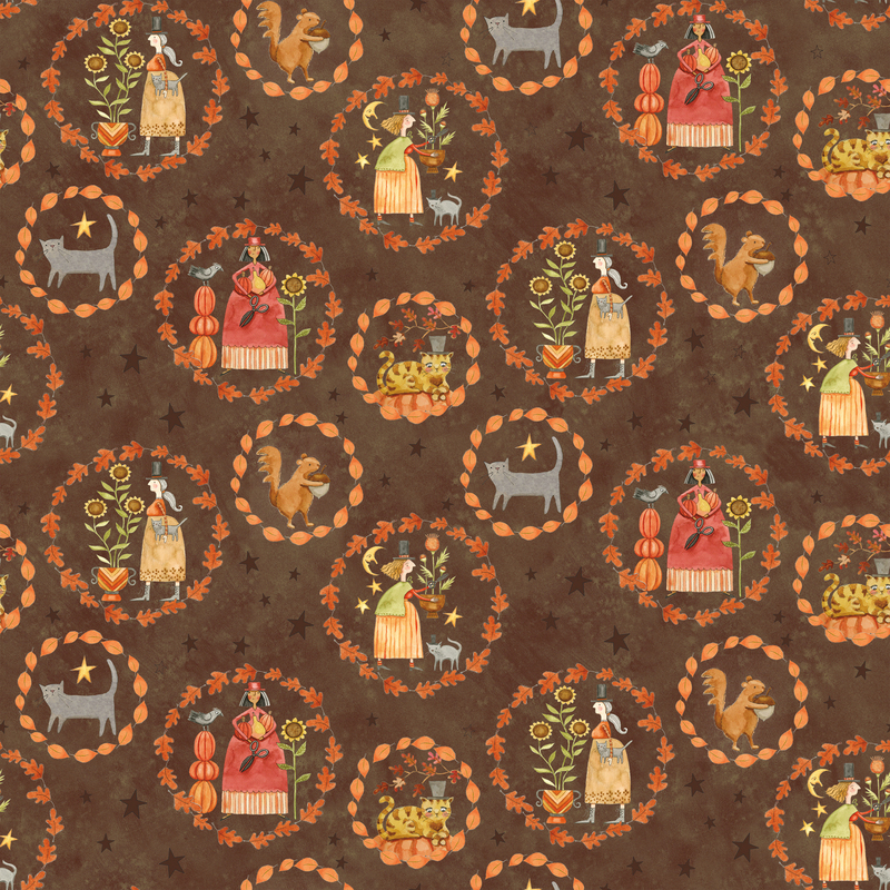 Mottled brown fabric with leaves, florals, folk characters, animals, stars, and more.