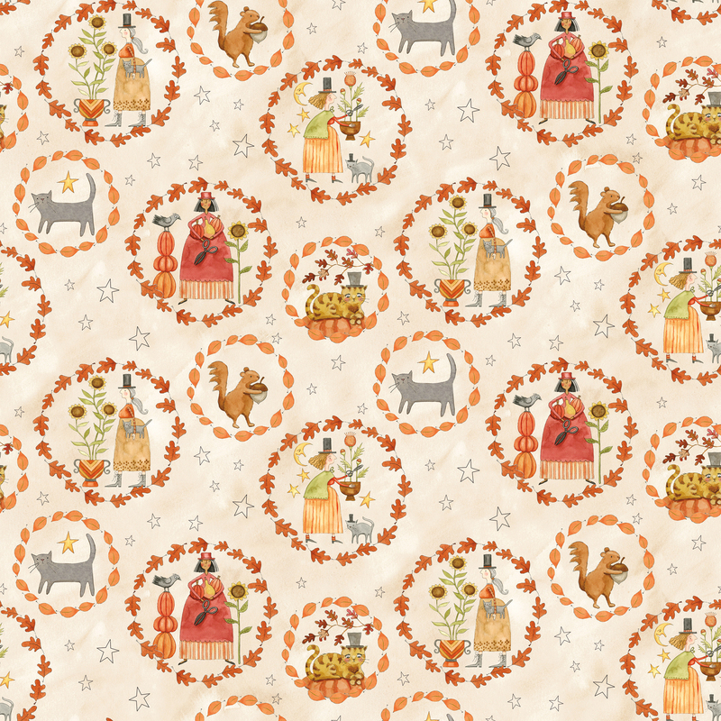 Mottled cream fabric with leaves, florals, folk characters, animals, stars, and more.