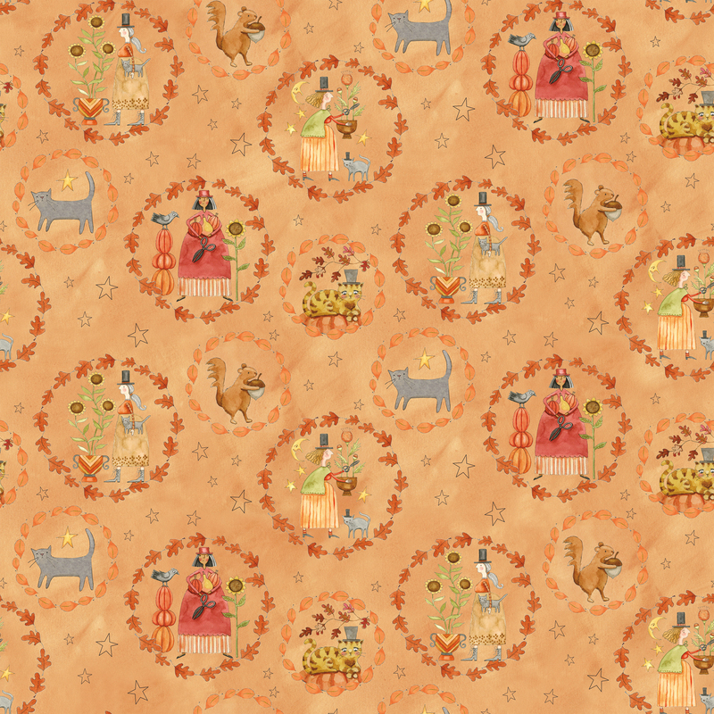 Mottled light orange fabric with leaves, florals, folk characters, animals, stars, and more.