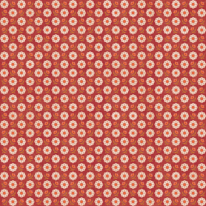 Mottled red-orange background with a packed, staggered grid design of dark orange florals and white blooms.