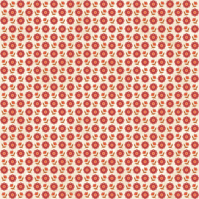 Mottled cream background with a packed, staggered grid design of dark orange florals and blooms.