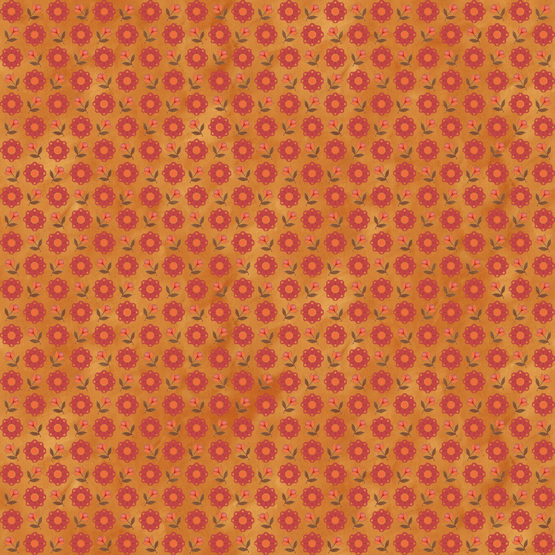 Mottled orange background with a packed, staggered grid design of dark orange florals and blooms.
