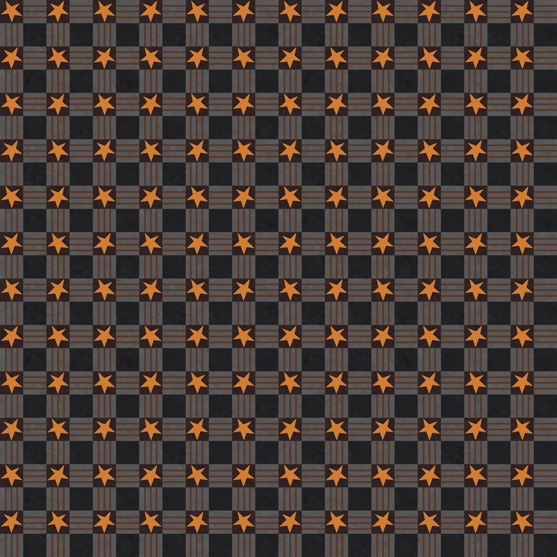 Mottled black fabric topped with a flat novelty plaid with orange stars.