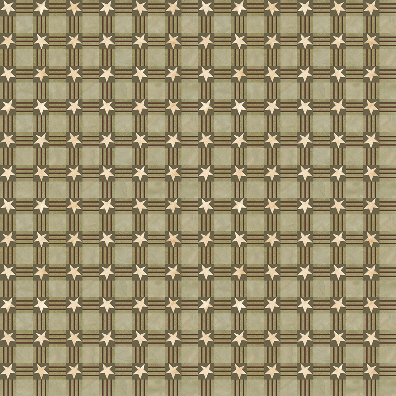 Mottled sage fabric topped with a flat novelty plaid with cream stars.