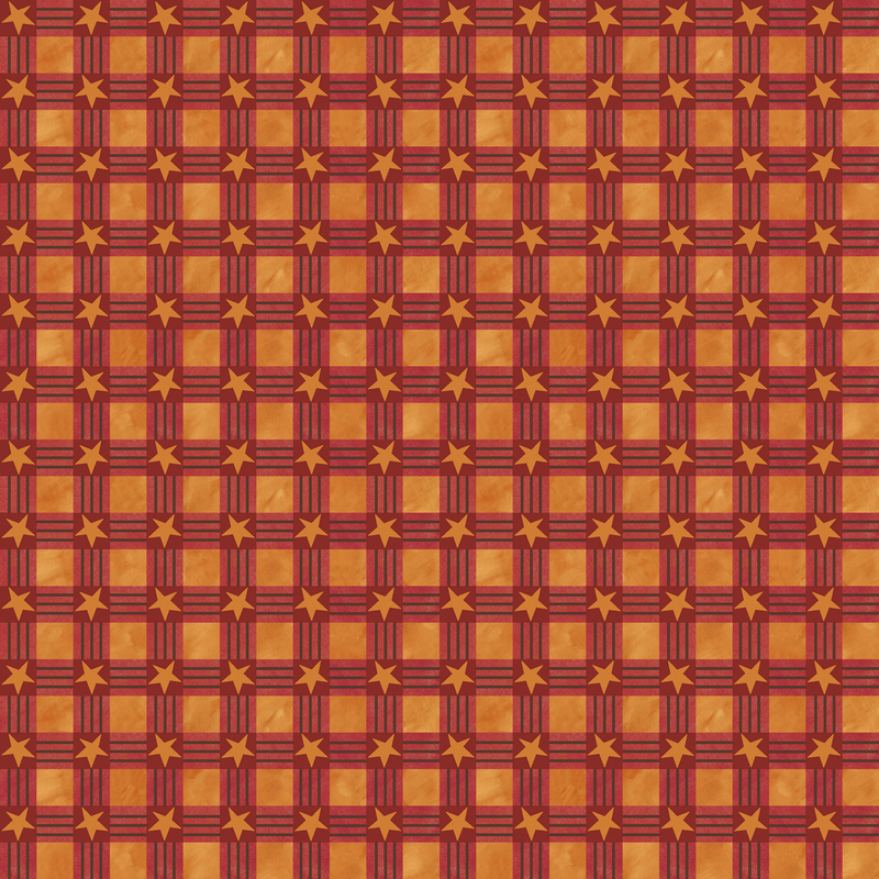 Mottled orange fabric topped with a flat novelty plaid with orange stars.