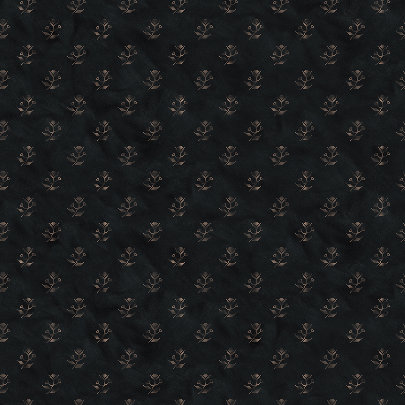 Mottled black fabric with staggered grid of mouse gray dotted florals.