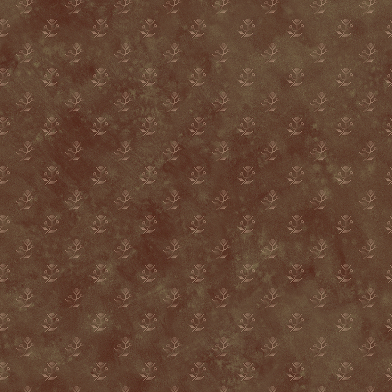 Mottled brown fabric with staggered grid of light brown dotted florals.