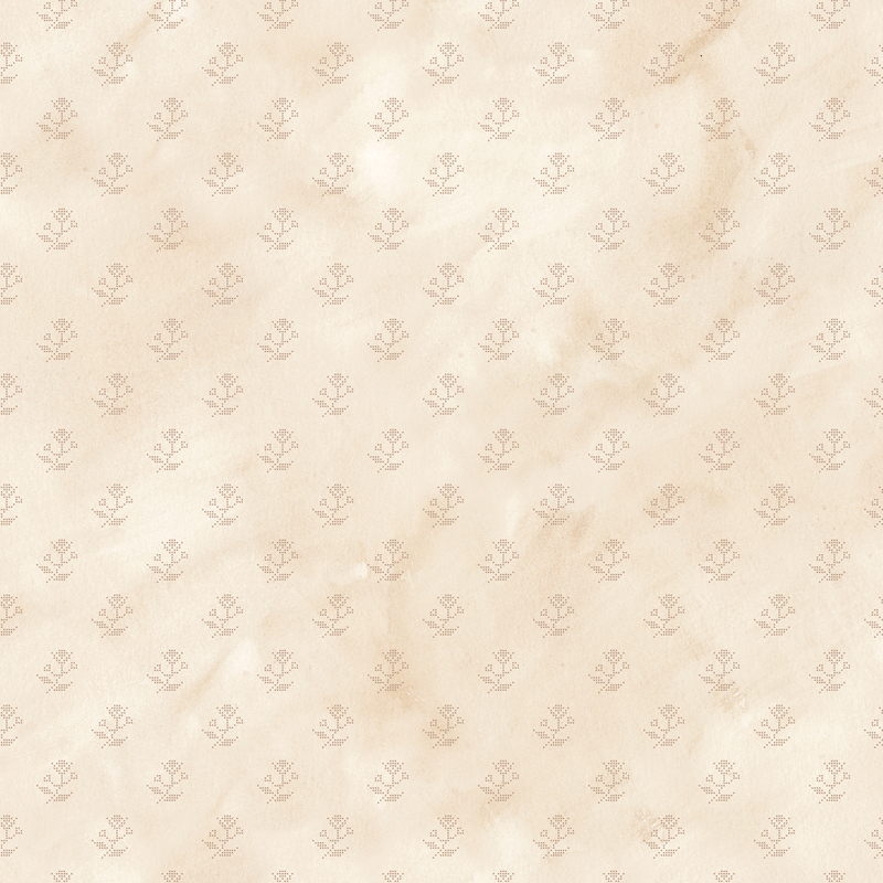Mottled cream fabric with staggered grid of mouse gray dotted florals.