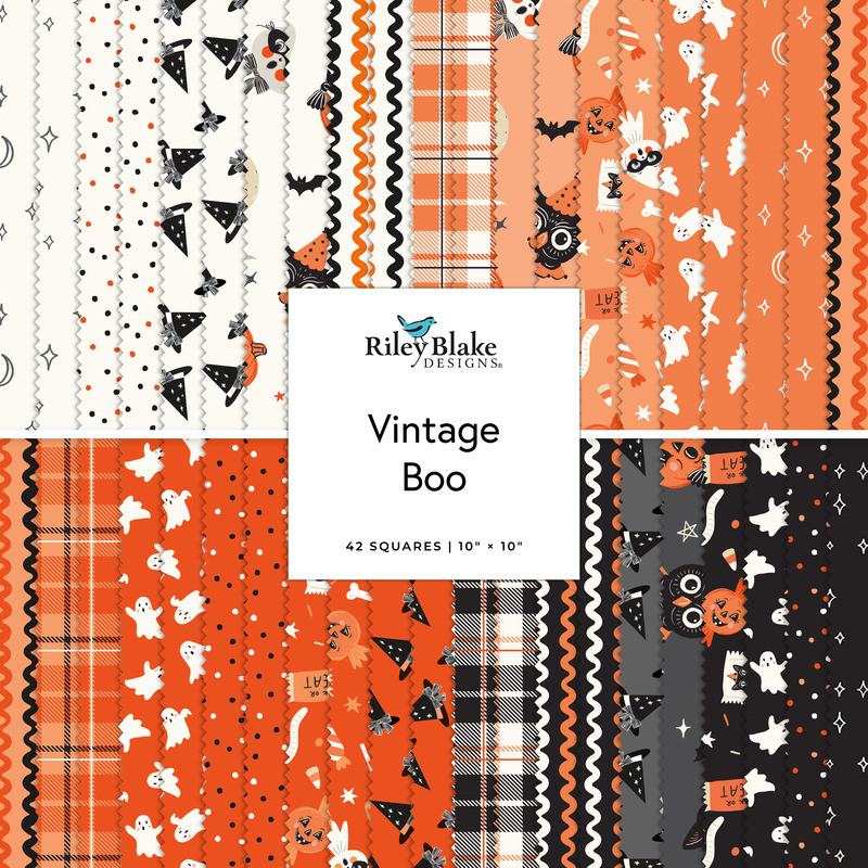 A collage of fabric featured in the Vintage Boo Layer Cake by Riley Blake Designs.