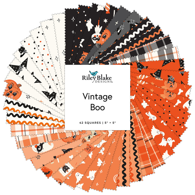 A collage of fabric featured in the Vintage Boo Charm Pack by Riley Blake Designs.