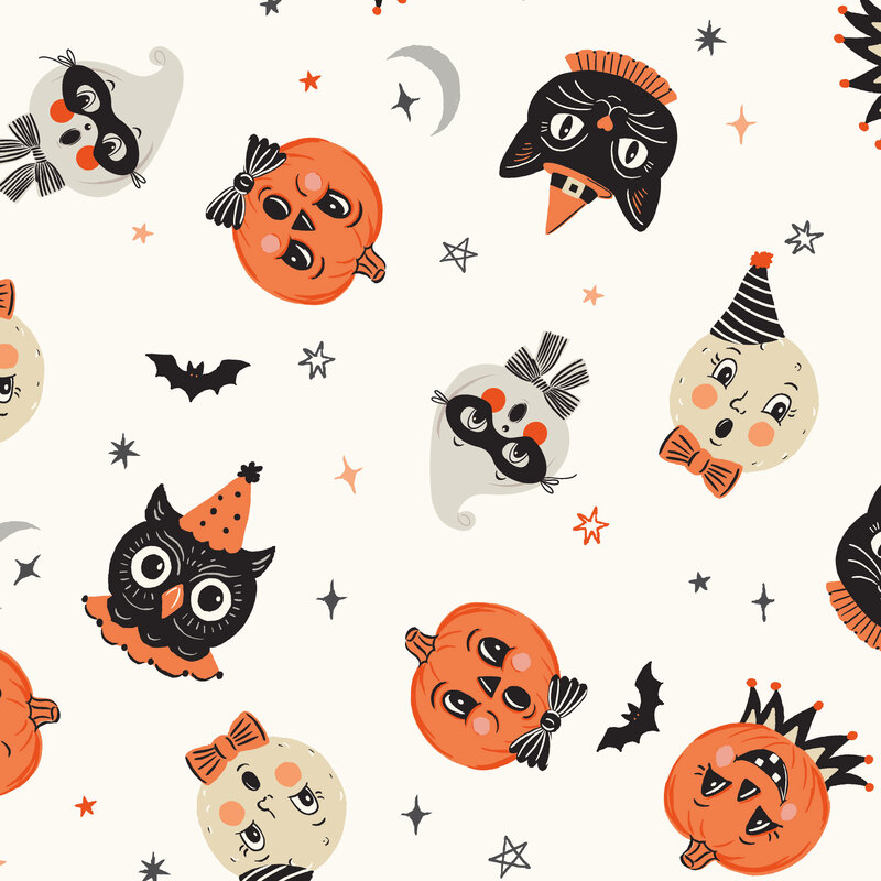 A white fabric with tossed pumpkins, owls, moons, and ghosts. 