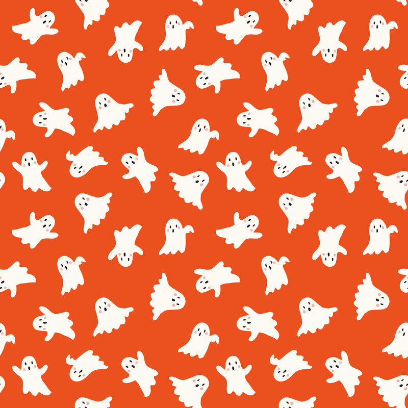 A bright orange fabric with tossed white ghosts.