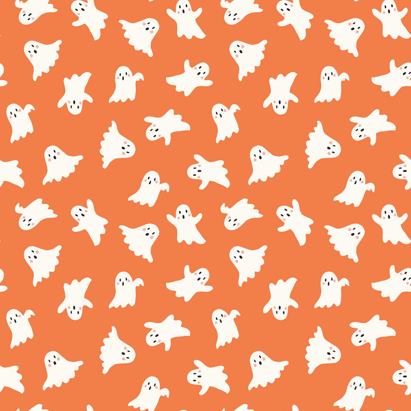A persimmon fabric with tossed white ghosts. 
