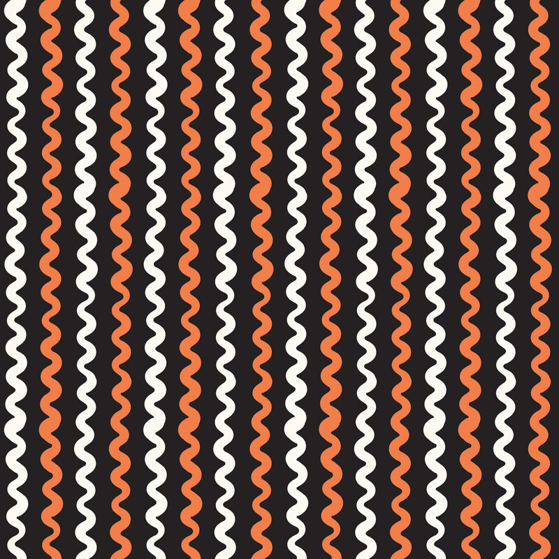A black fabric with orange and white wavy stripes.
