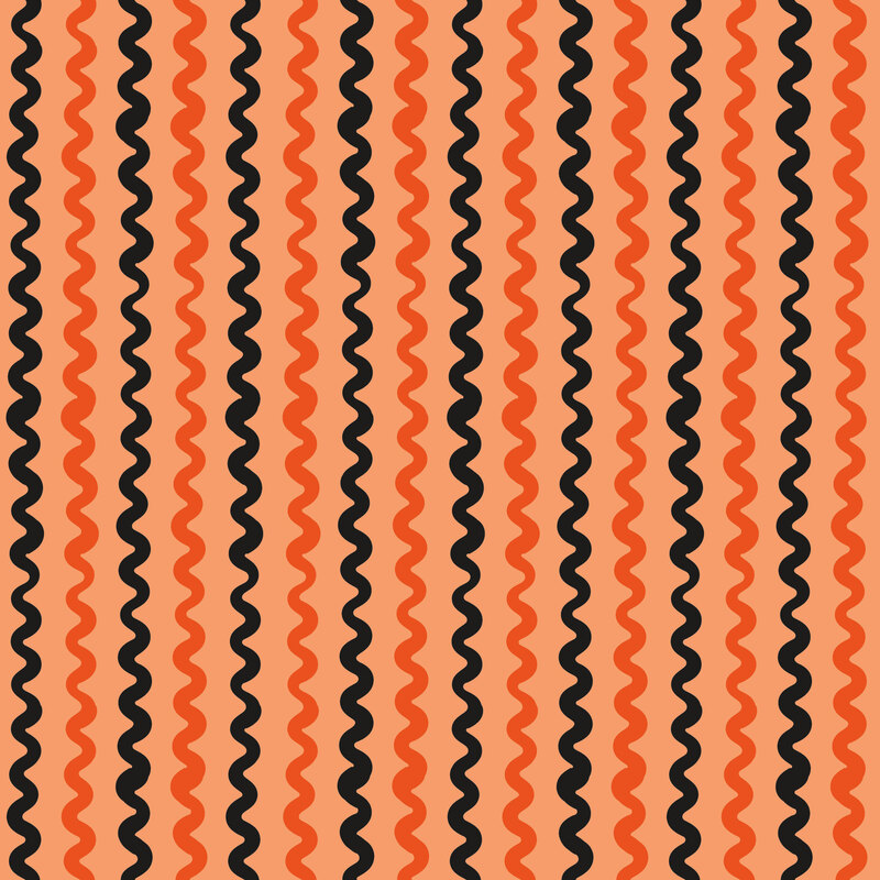 A persimmon fabric with bright orange and black alternating wavy lines. 