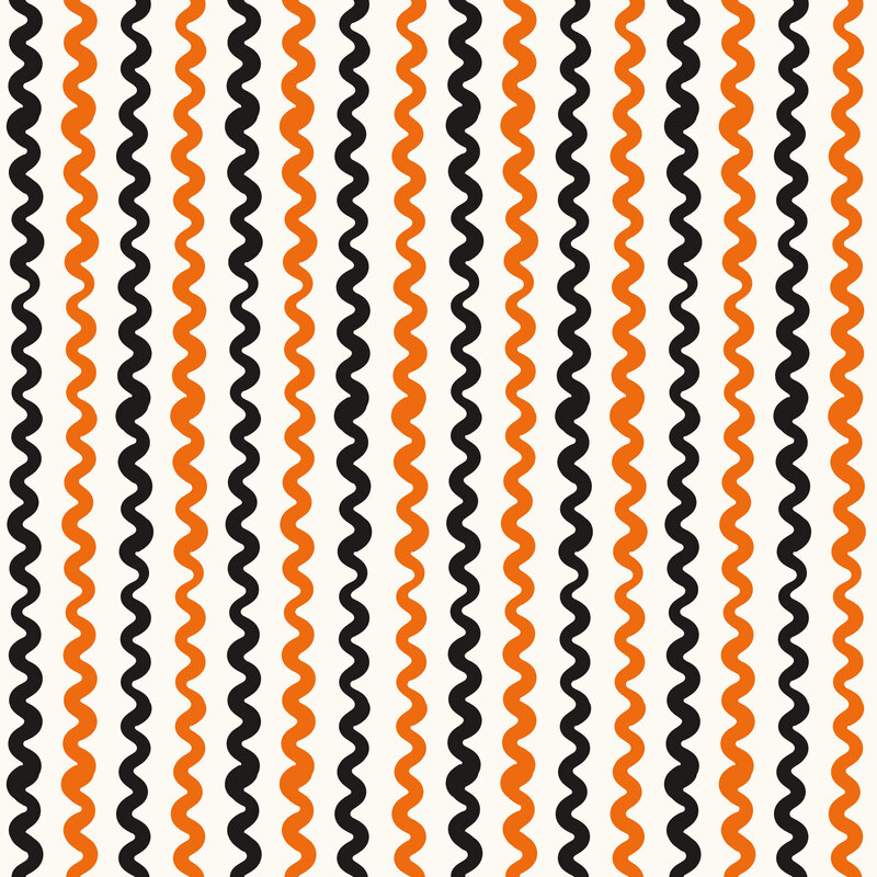 A white fabric with alternating bright orange and black wavy stripes. 