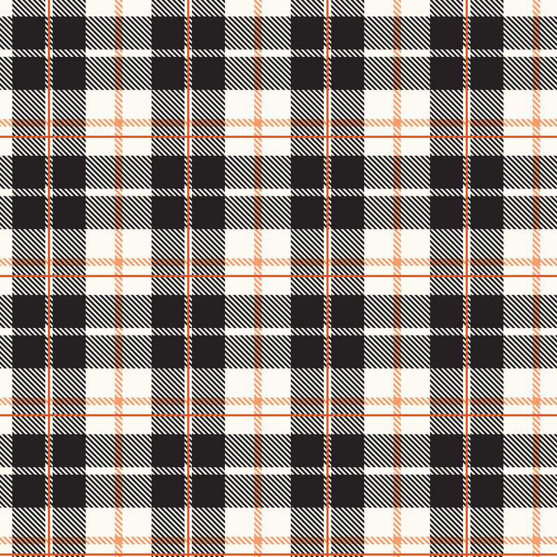 A white plaid fabric with orange and black lines.