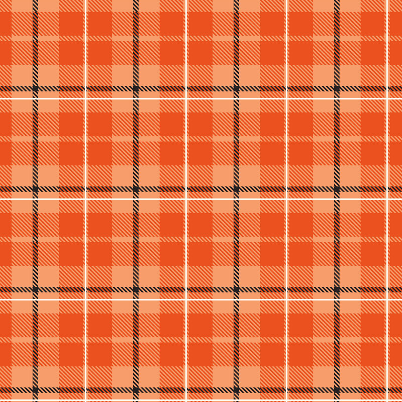 A persimmon plaid fabric with black and cream lines. 