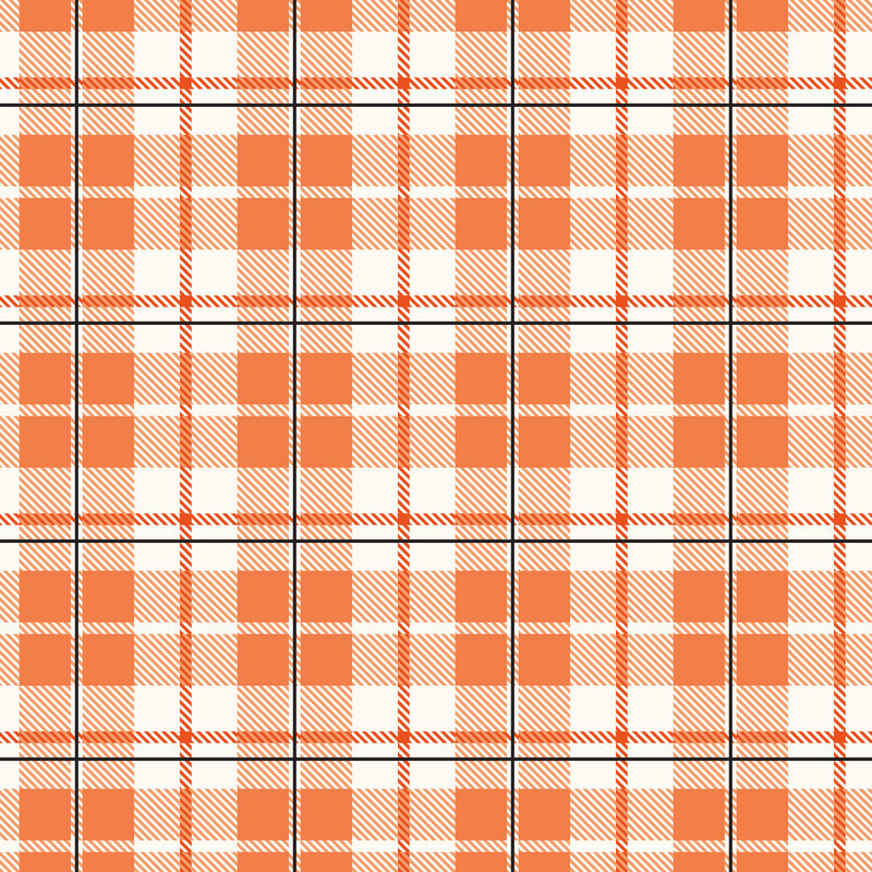 A white plaid with orange accents and black lines. 