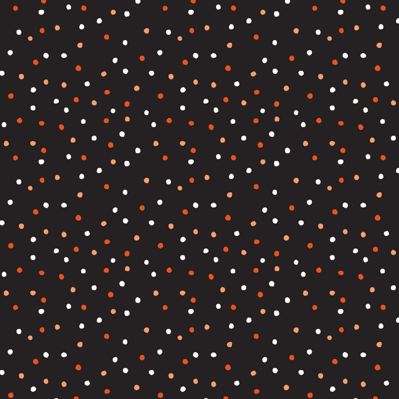 A black fabric with scattered bright orange, persimmon, and white dots. 