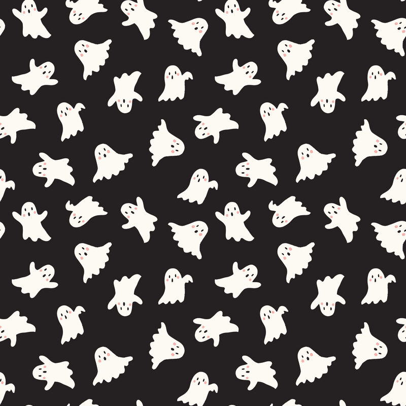 A black glow in the dark fabric with tossed white ghosts. 