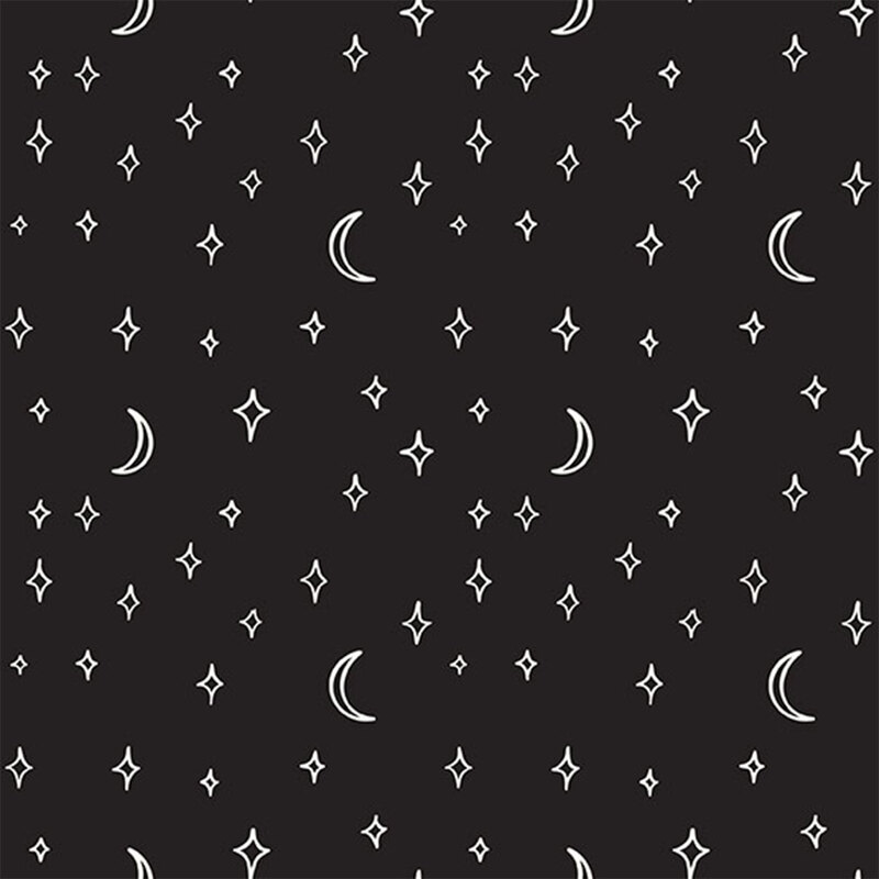 A black glow in the dark fabric with white moons and stars. 