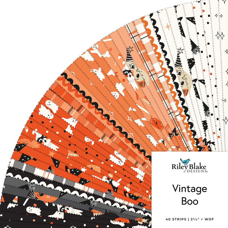 A collage of fabric featured in the Vintage Boo Jelly Roll by Riley Blake Designs.