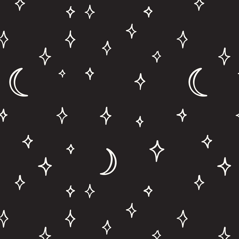 A black 108" wide fabric with stars and moons scattered.