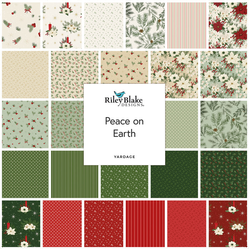Digital collage of the available yardage fabrics from the Peace on Earth fabric collection.