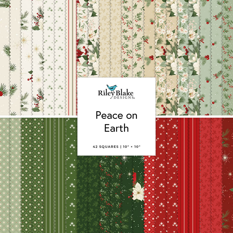 Digital collage of the 10" Square Bundle from the Peace on Earth fabric collection.