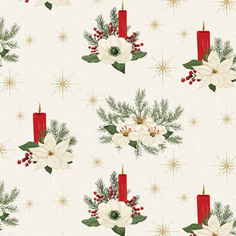 Cream fabric with scattered stars, flower bundles, and red candles.