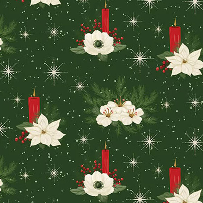 Pine green fabric with scattered stars, flower bundles, and red candles.