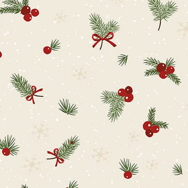 Cream fabric with tossed pattern of white dots, snowflakes, and pine sprigs with berries and bows.