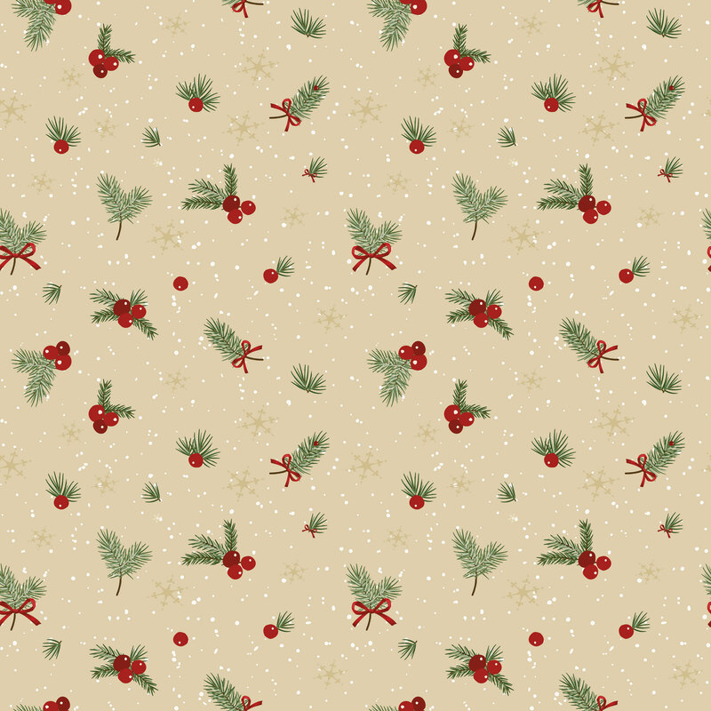 Buff colored fabric with tossed pattern of white dots, snowflakes, and pine sprigs with berries and bows.