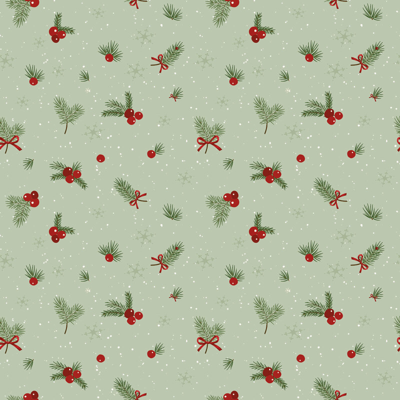 Cool sage fabric with tossed pattern of white dots, snowflakes, and pine sprigs with berries and bows.